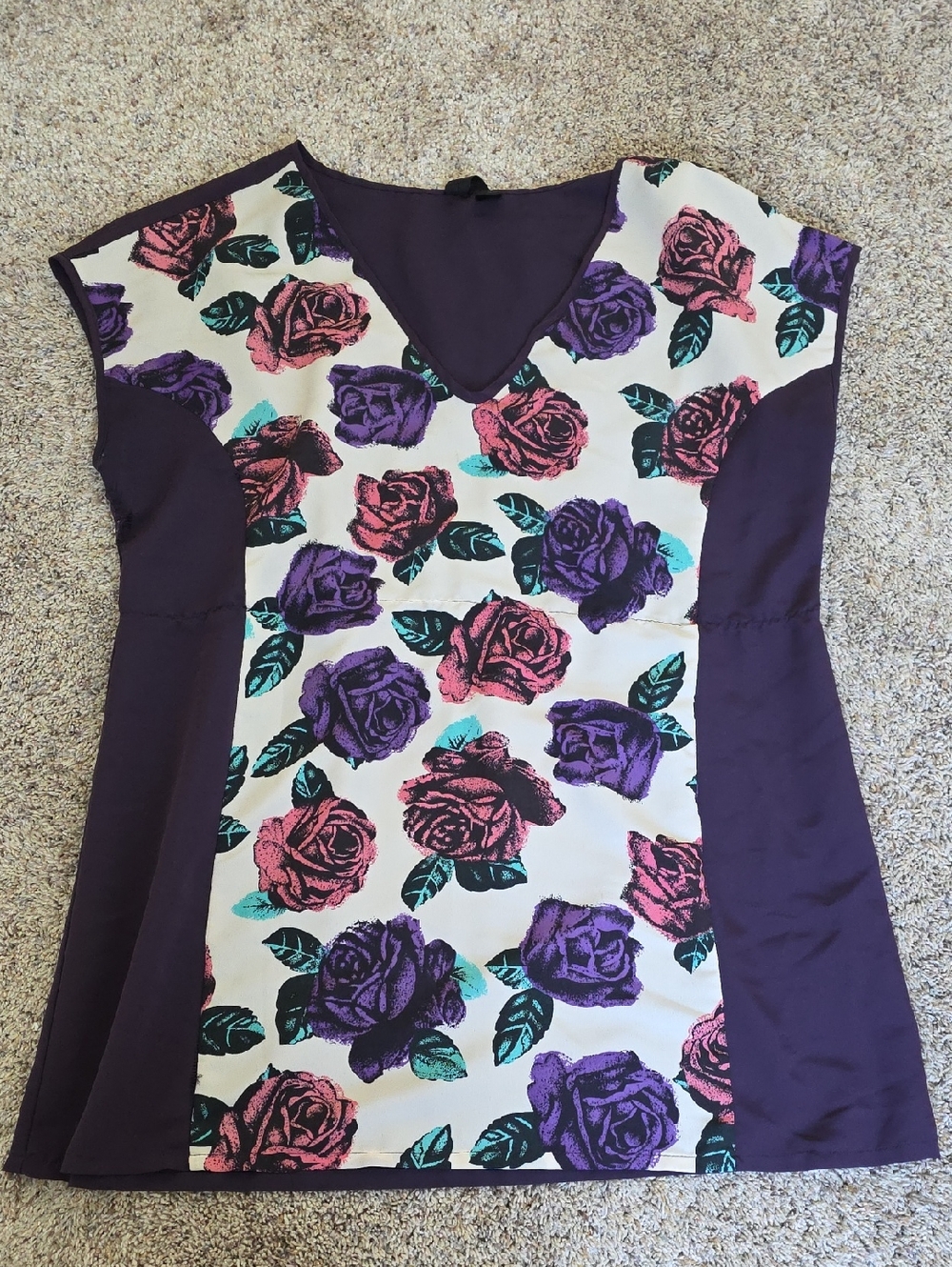 Floral V-Neck Panel Tunic in Purple and Cream